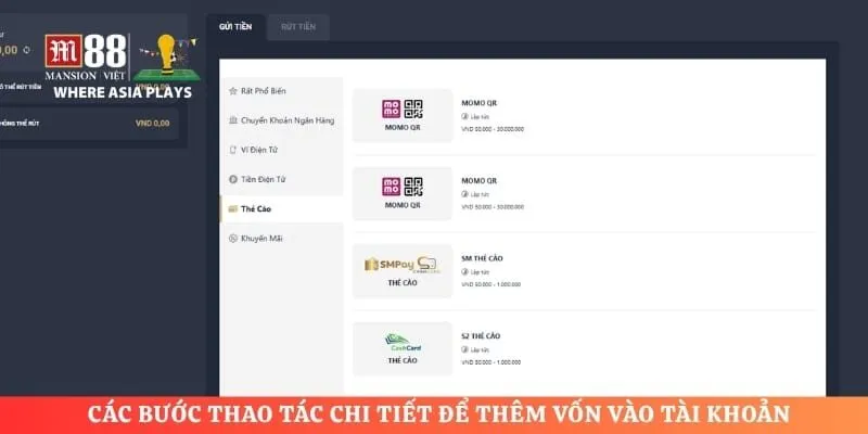 Các bước thao tác chi tiết để thêm vốn vào tài khoản