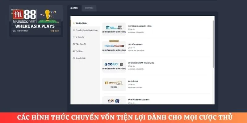 Các hình thức chuyển vốn tiện lợi dành cho mọi cược thủ