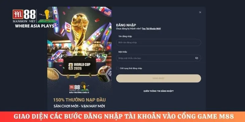 Giao diện các bước đăng nhập tài khoản vào cổng game M88
