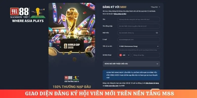 Giao diện đăng ký hội viên mới trên nền tảng M88